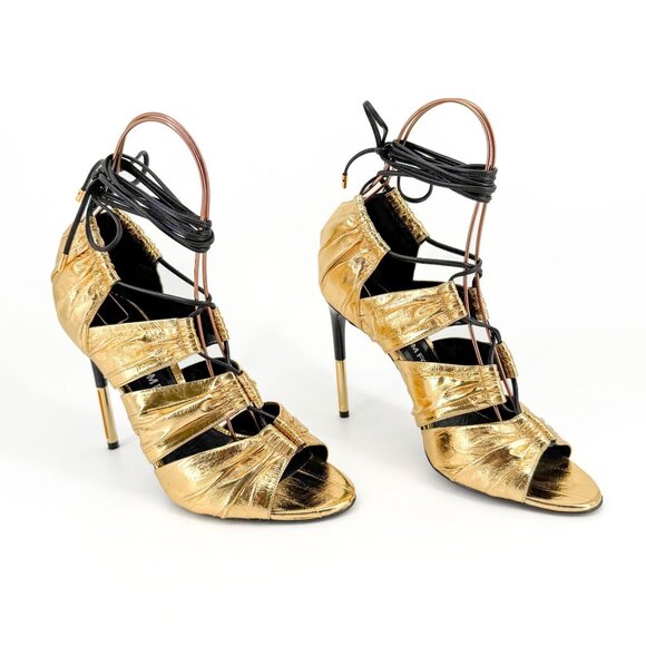 Tom Ford Stardust Lace Up Heels EU 41 US 9 Metallic Gold Foil Leather Tie Shoe - Picture 1 of 16